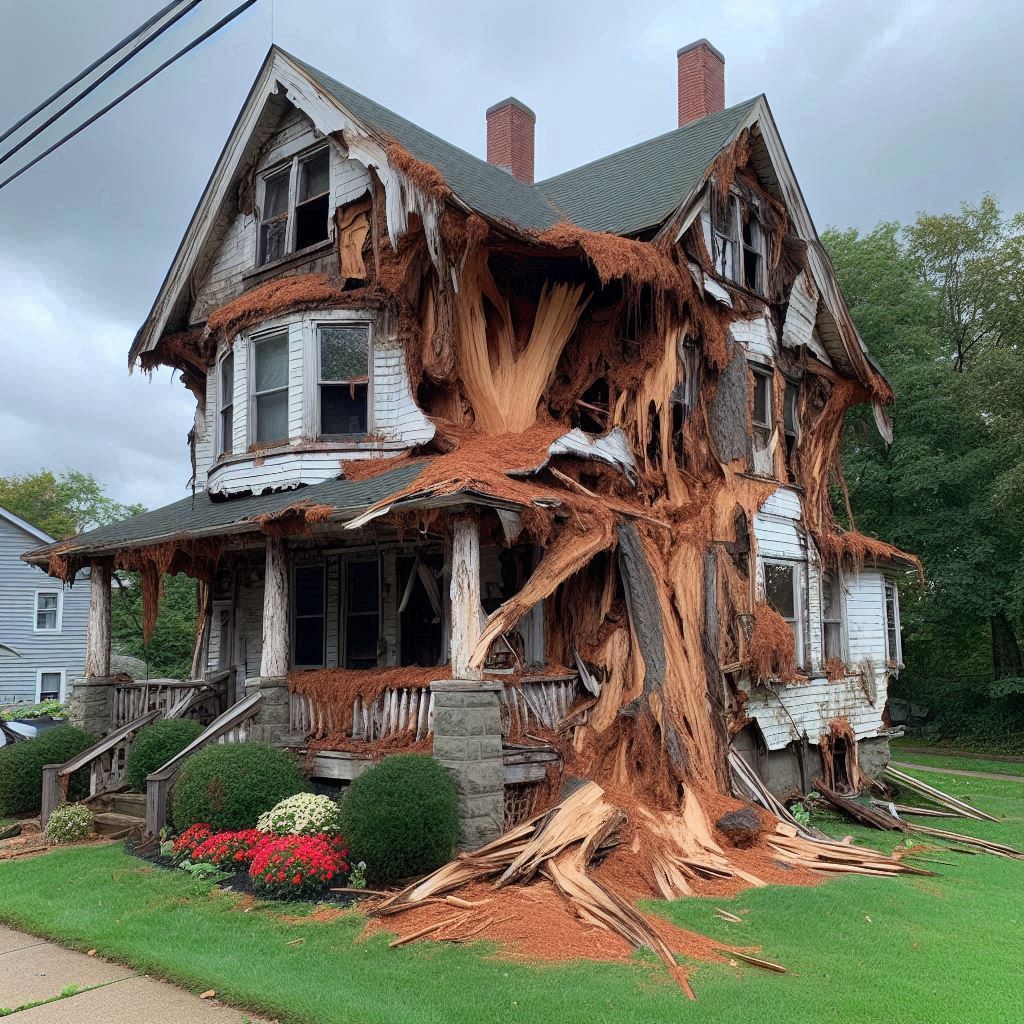 Damaged tree on an Spokane home showing signs of disease and decay